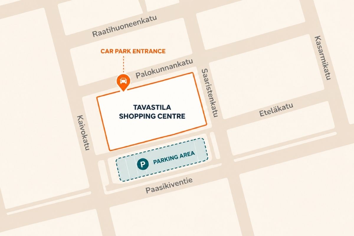 Map of the streets around Kauppapaikka Tavastila. The orange marker shows the car park entrance on Palokunnankatu, and the blue-grey area shows the outdoor parking area.